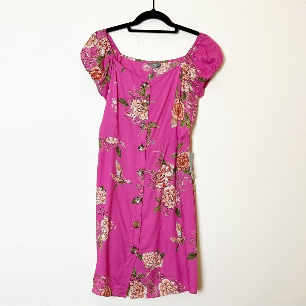 Angie Pink Floral Fit & Flare Button Down Summer Mini Dress, Size Medium